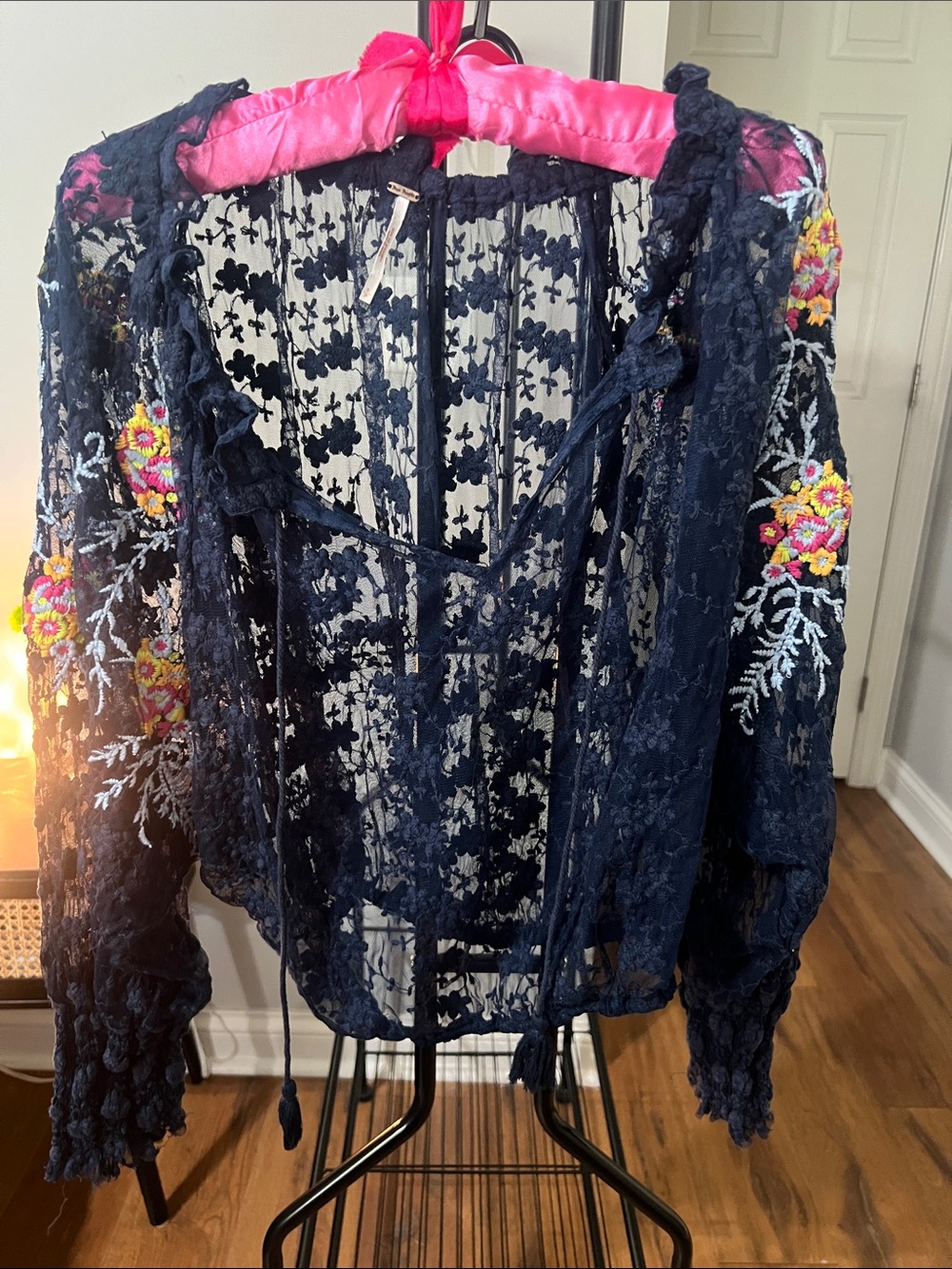 Free People Navy Sheer Lace Blouse with Floral Embroidery